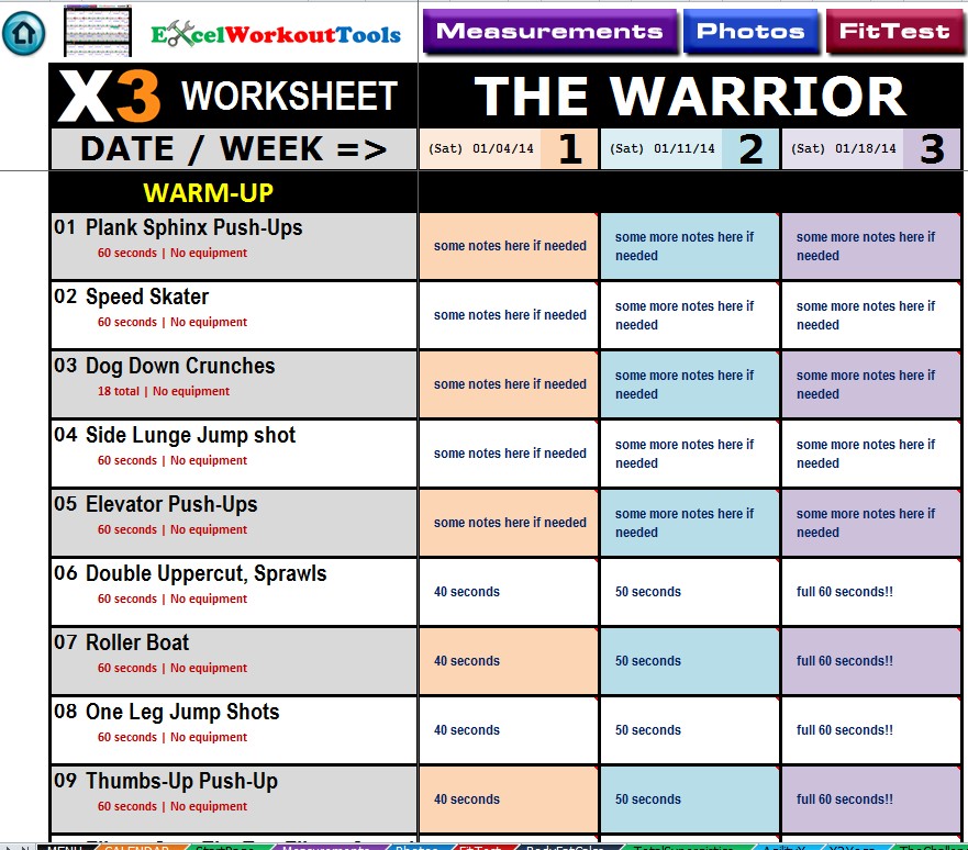 P90X3 Excel Workout Tools Document