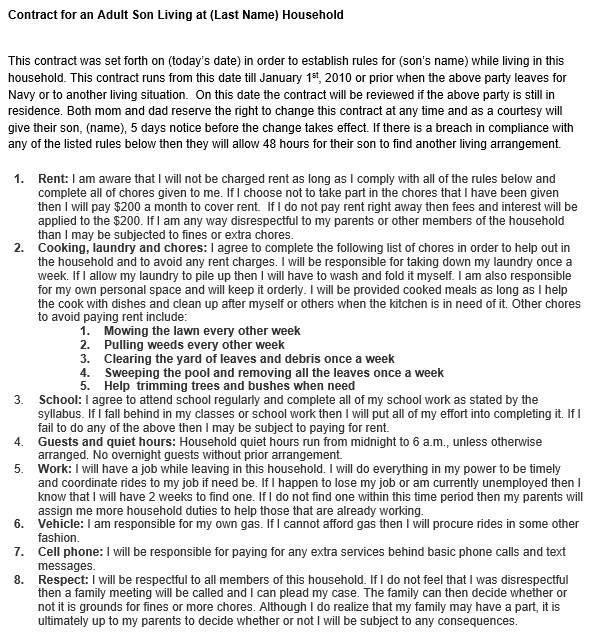 Parent Child Contract For An Adult Living At Home Document Agreement Template