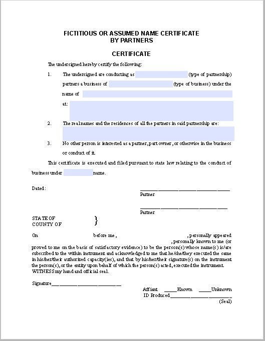 Partners Certificate Template Fictitious Or Assumed Name Free Document