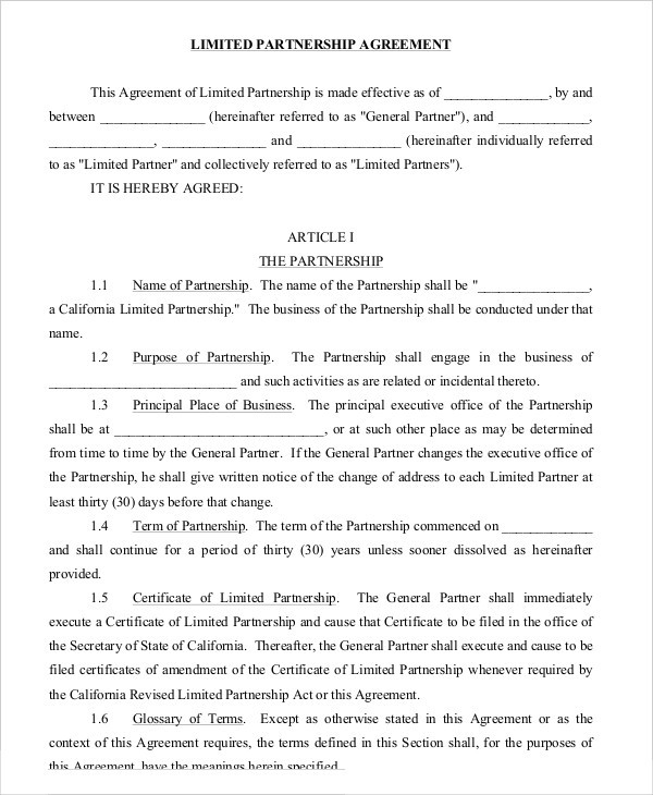 Partnership Agreement California Sample General Document