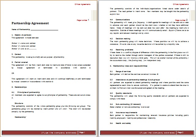 Partnership Agreement Template For MS Word Document Templates