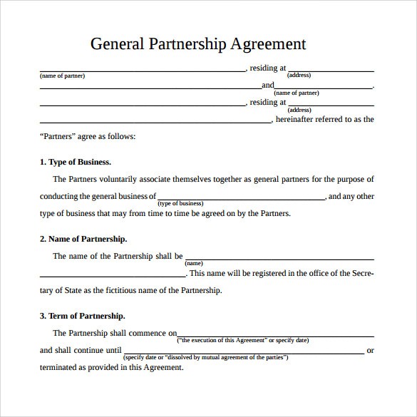 Partnership Agreement Template Pdf 12 Sample General