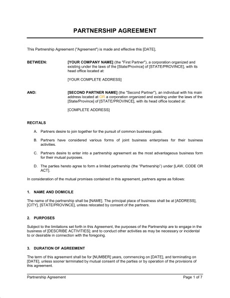 Partnership Agreement Template Sample Form Biztree Com Document Contracts
