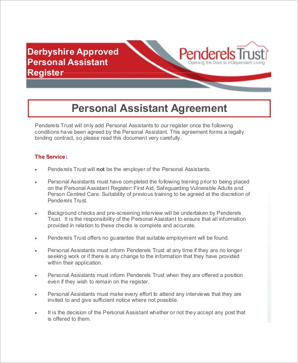 Personal Assistant Contract Agreement Example Administrative Document