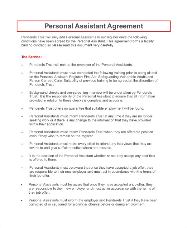 Personal Assistant Contract Agreement Example Document