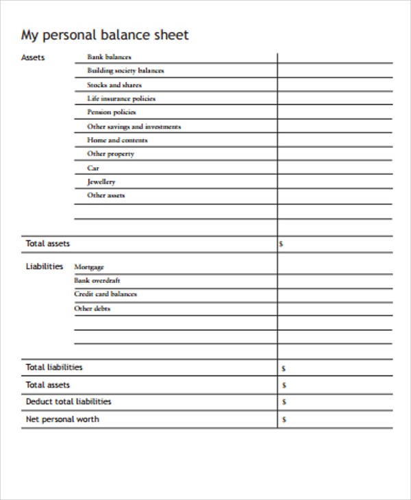 Personal Balance Sheet 7 Examples In Word PDF Document Blank