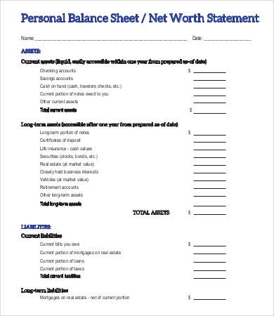 Personal Balance Sheet Template 16 Free Word Excel PDF Document Blank