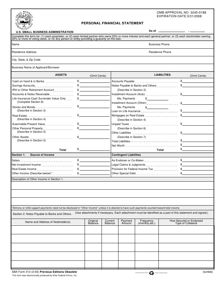 Personal Financial Statement Document Small Business