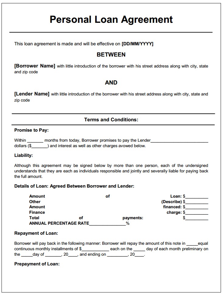 Personal Loan Agreement Printable Agreements Private Document