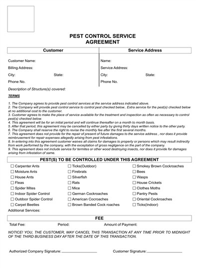 Pest Control Service Agreement Document Form