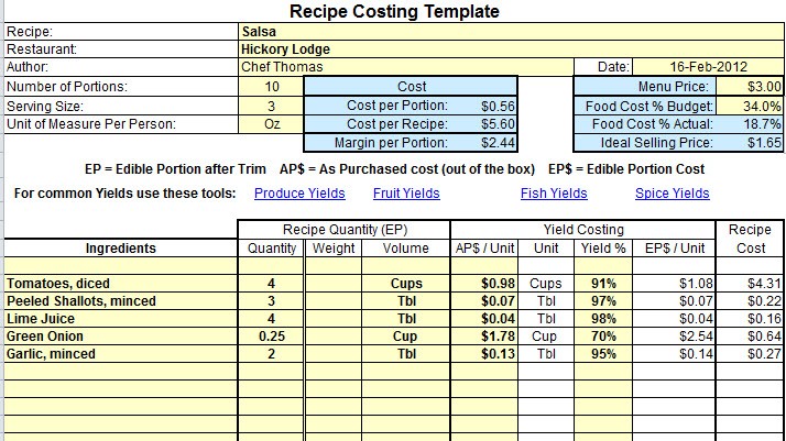 Plate Cost How To Calculate Recipe Chefs Resources Document Excel Food