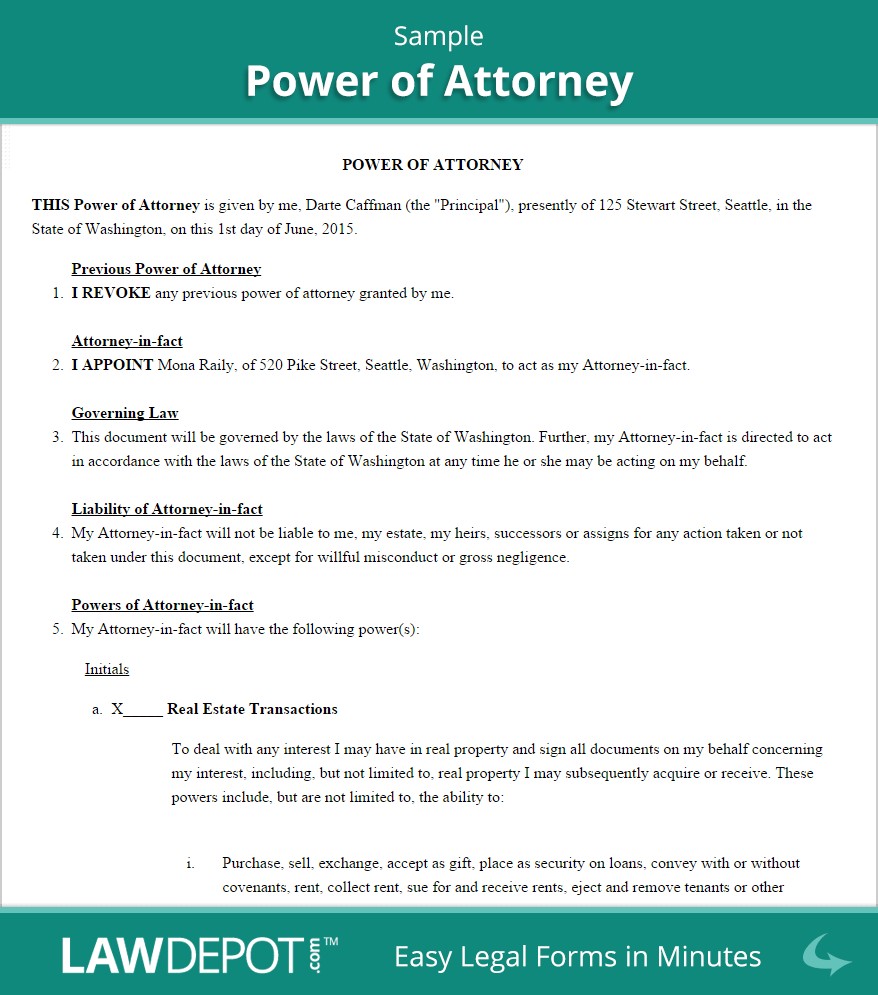 Power Of Attorney Form Free POA Forms US LawDepot Document Sample