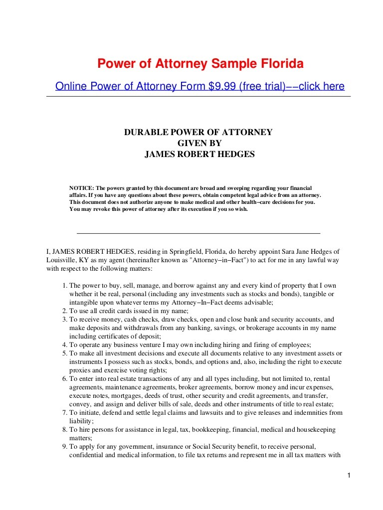 Power Of Attorney Sample Florida Document General Durable