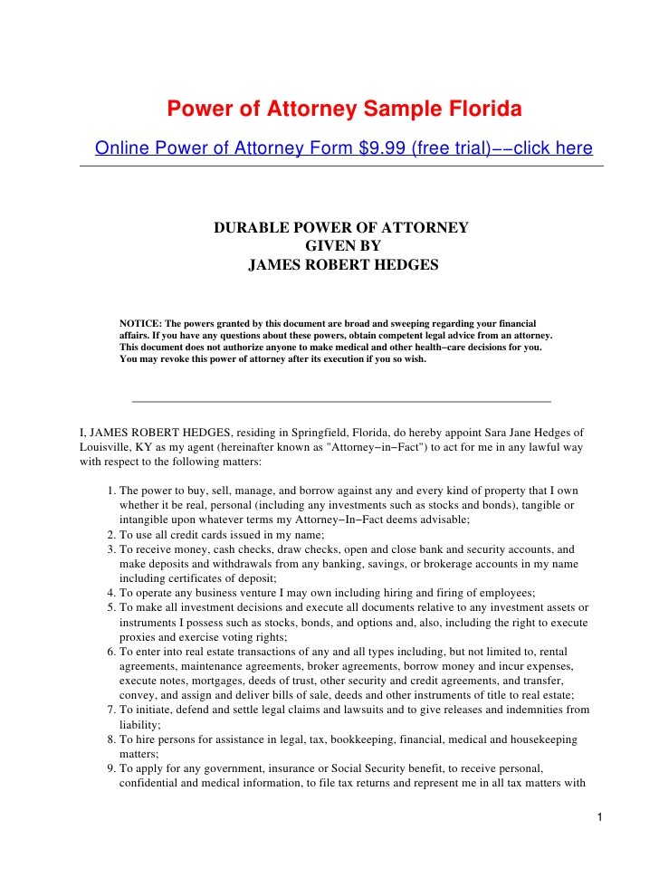 Power Of Attorney Sample Florida Document