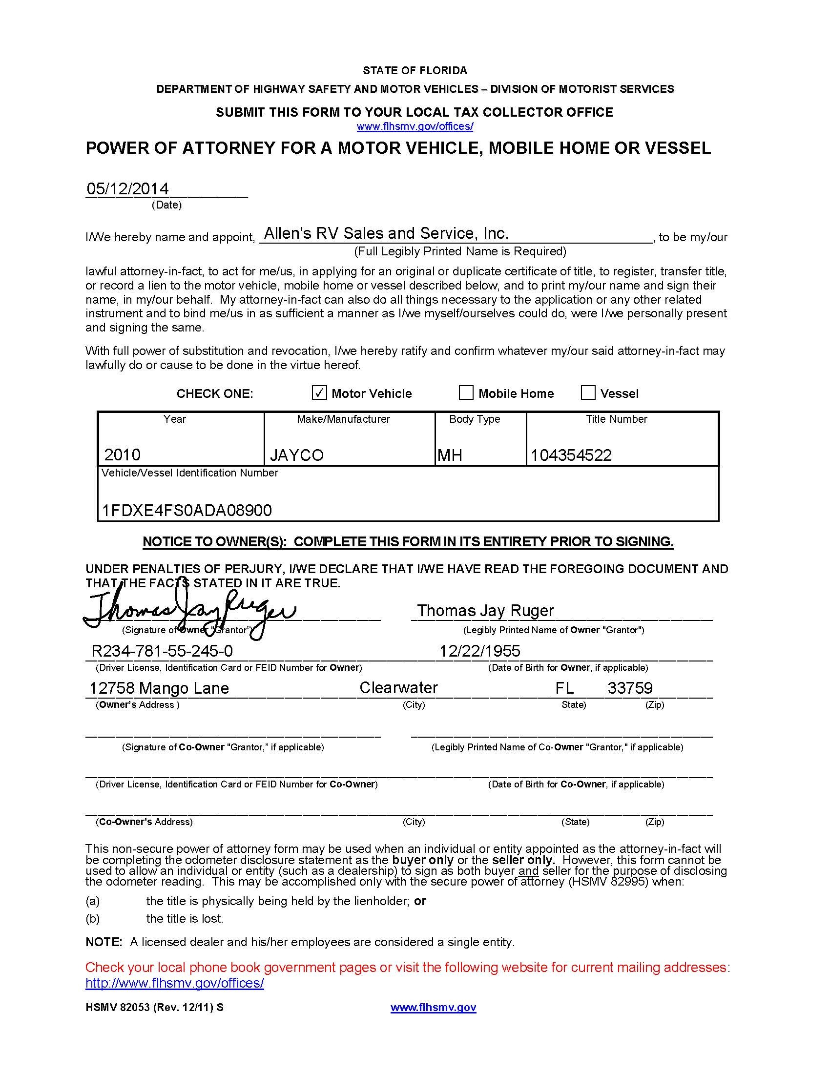 S Of Attorney Which Ones To Use And How Florida RV Trade Document Sample