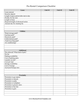 Pre Rental Comparison Checklist Template Document