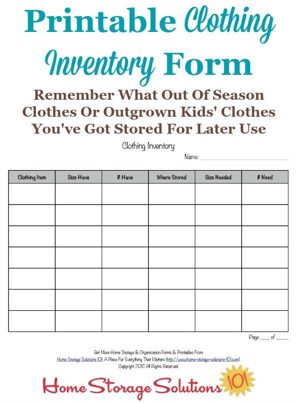 Printable Clothing Inventory Form Document Spreadsheet