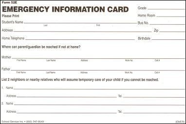 Printable Emergency Contact Cards School Card Template Document Info