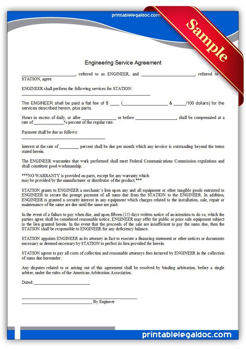 Printable Engineering Service Agreement Template PRINTABLE LEGAL Document Services Contract