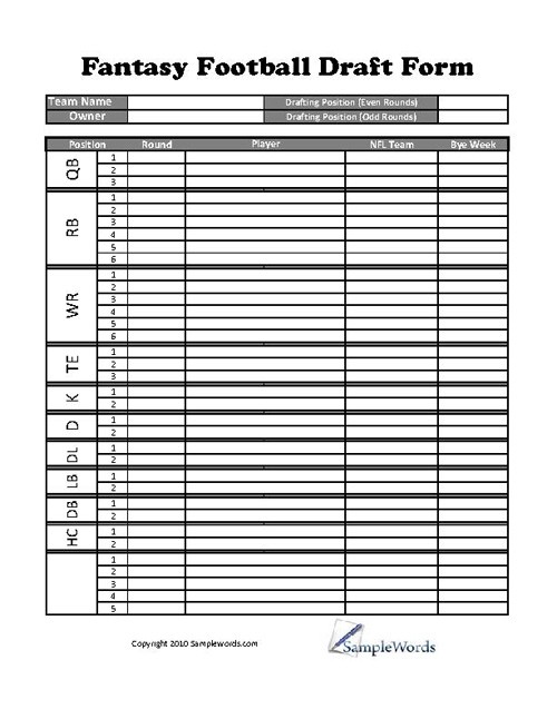Printable Fantasy Football Draft Chart Document