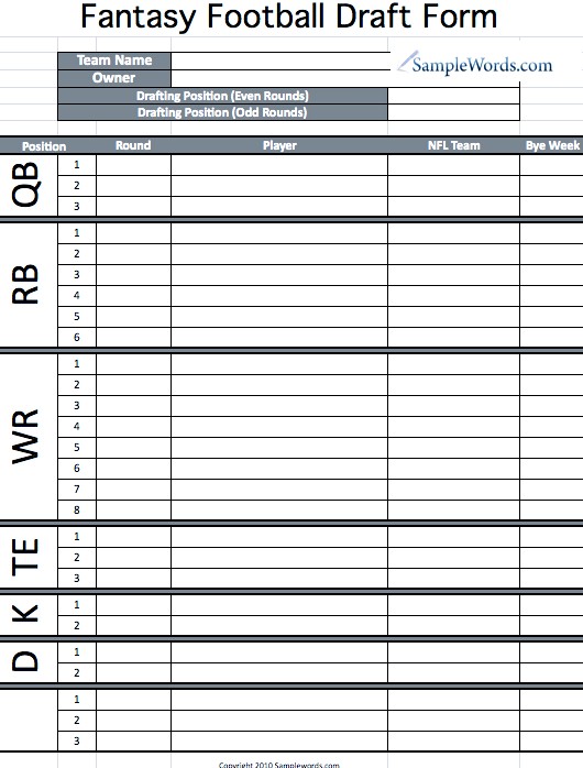 Printable Fantasy Football Draft Form Document