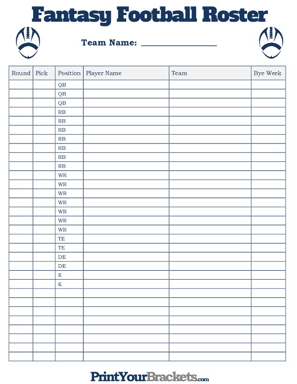 Printable Fantasy Football Roster Sheet Document Draft