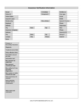 Printable Insurance Verification Sheet Document Form Template