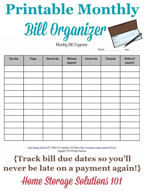 Printable Monthly Bill Organizer To Make Sure You Pay Bills On Time Document Spreadsheet