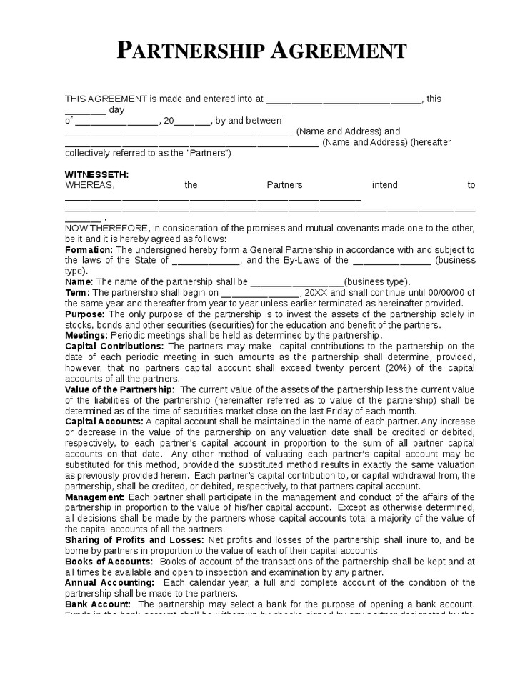 Printable Sample Partnership Agreement Template Form Real Estate Document Free Contract