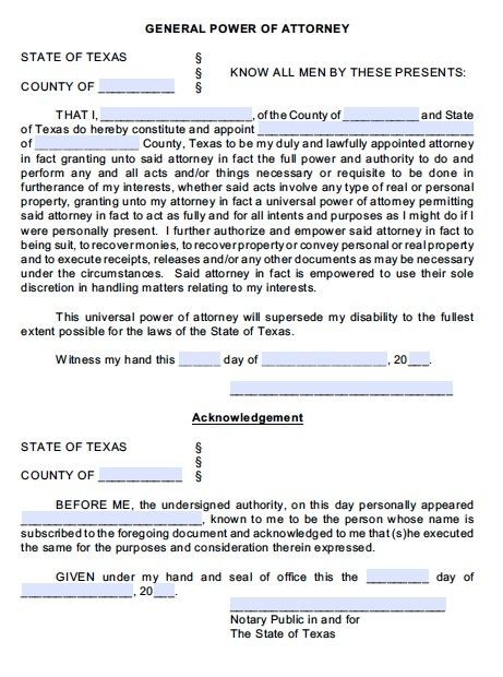 Printable Sample Power Of Attorney Form Free Real Document Texas Template