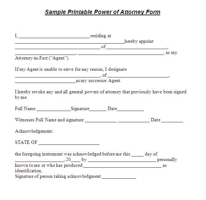 Printable Sample Power Of Attorney Form Free Real Document