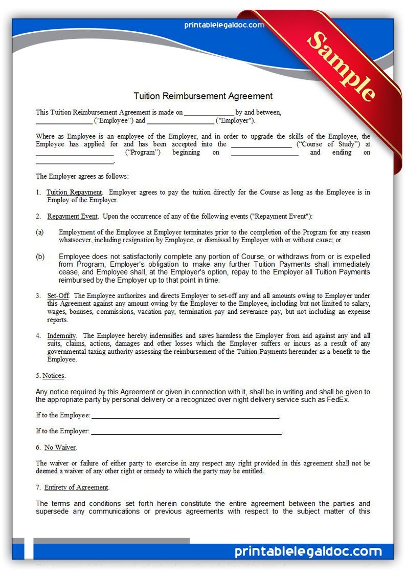 Printable Tuition Reimbursement Agreement Template PRINTABLE LEGAL Document Contract