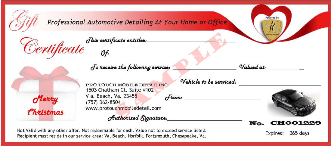 Pro Touch Mobile Detailing Gift Certificates Document Auto Certificate