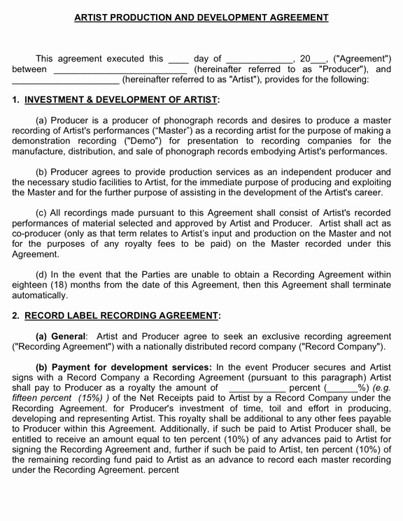 Producer Artist Development Agreement MusicContracts Com Document Contract Template