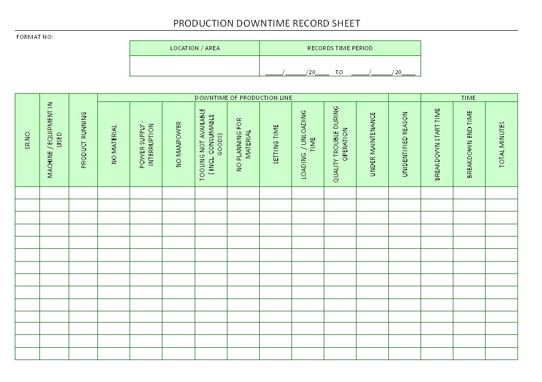 Production Downtime Record Sheet Document Tracking Excel