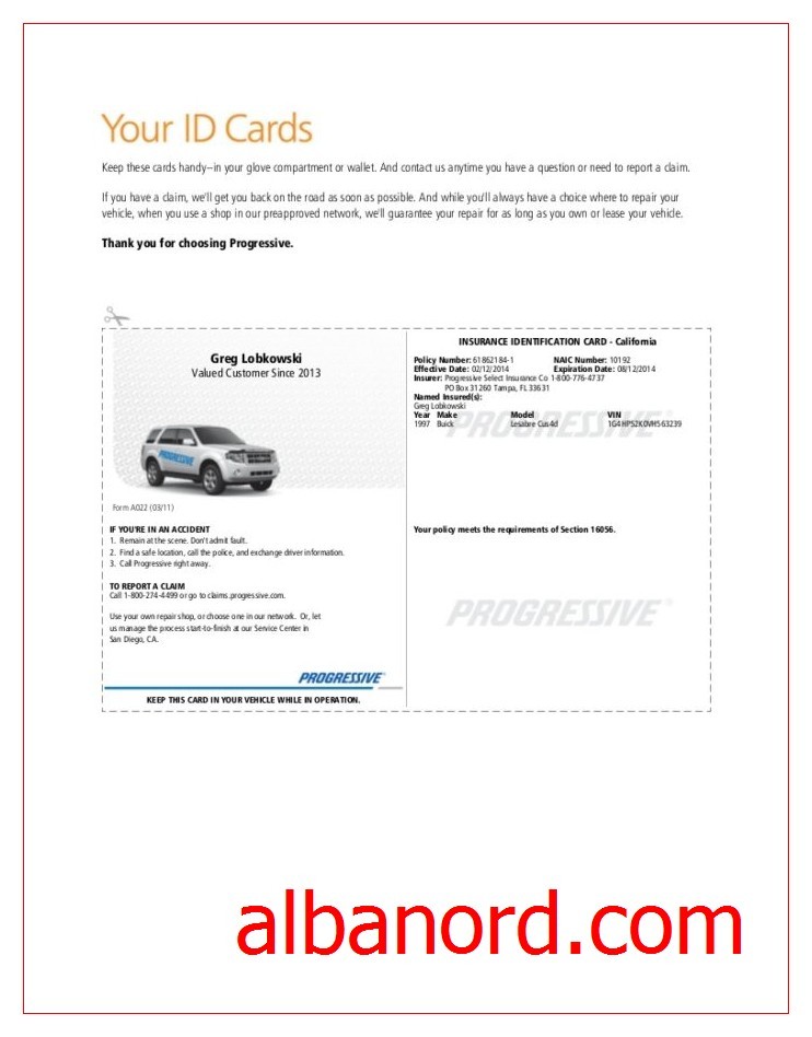 Progressive Car Insurance Card Billingss Co Document Id Cards