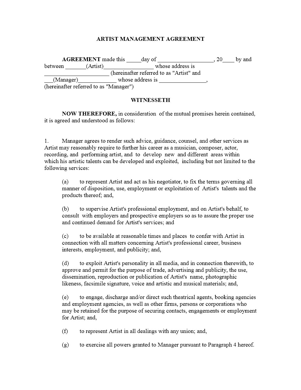 Project Management Consultant Contract Template Artist Agreement Document