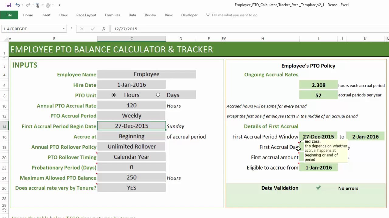 PTO Calculator Excel Template Employee Tracker Vacation Document Pto