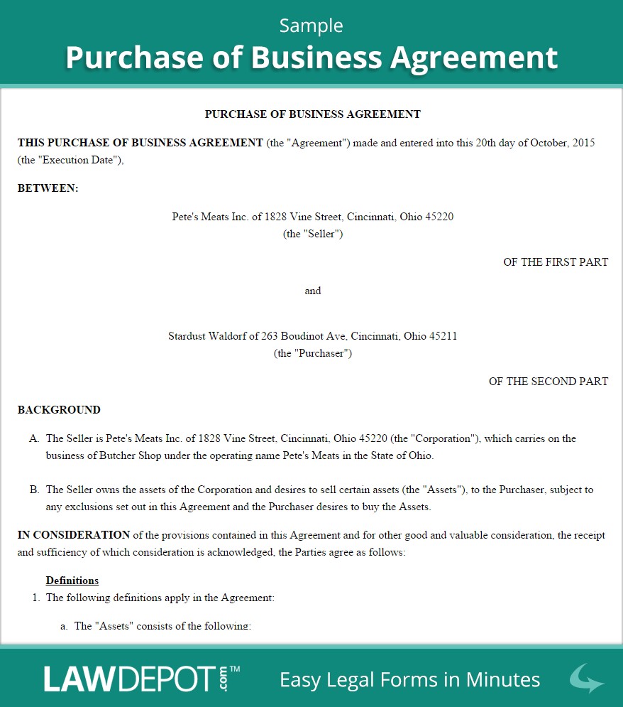 Purchase Of Business Agreement Template US LawDepot Document Ownership