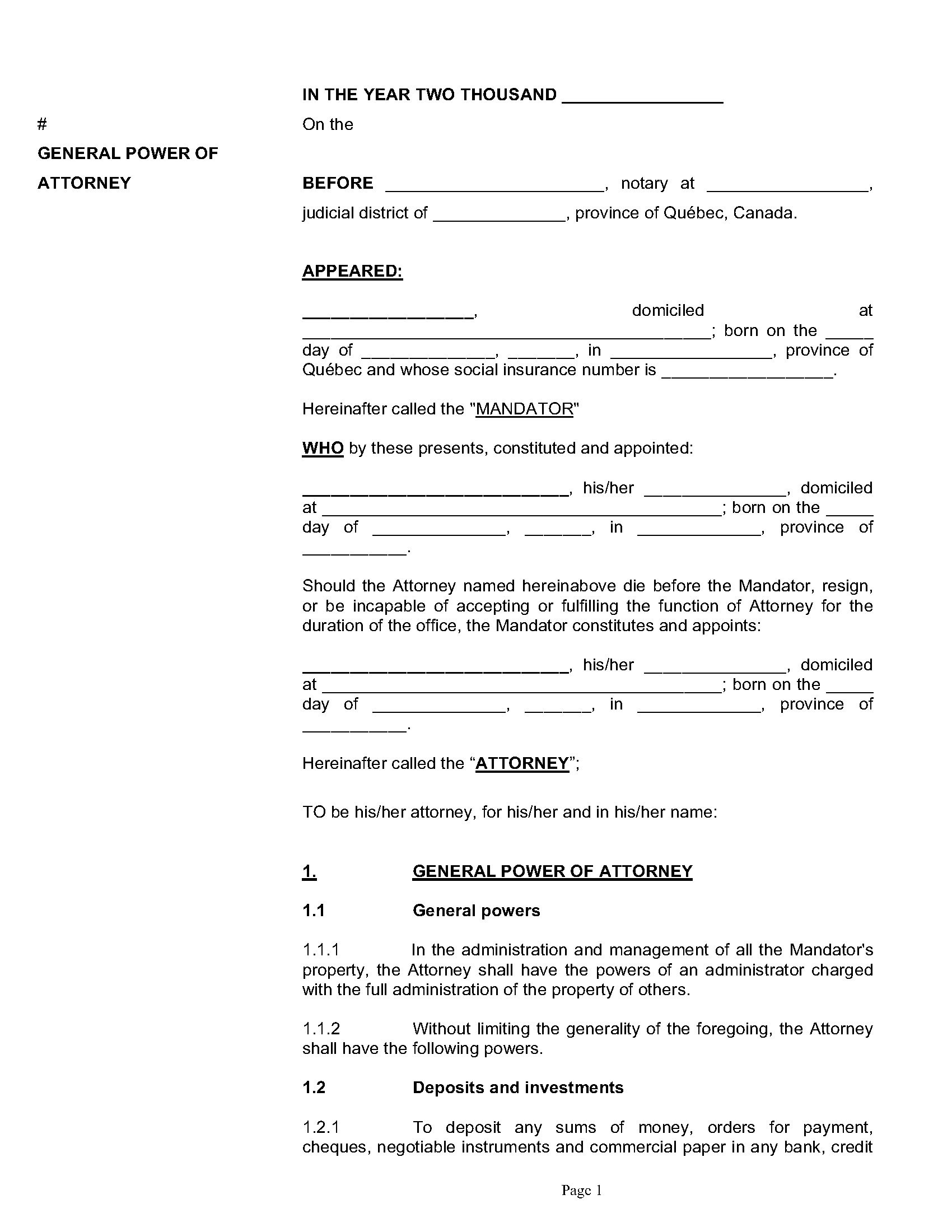 Quebec General Power Of Attorney English Version Legal Forms And Document
