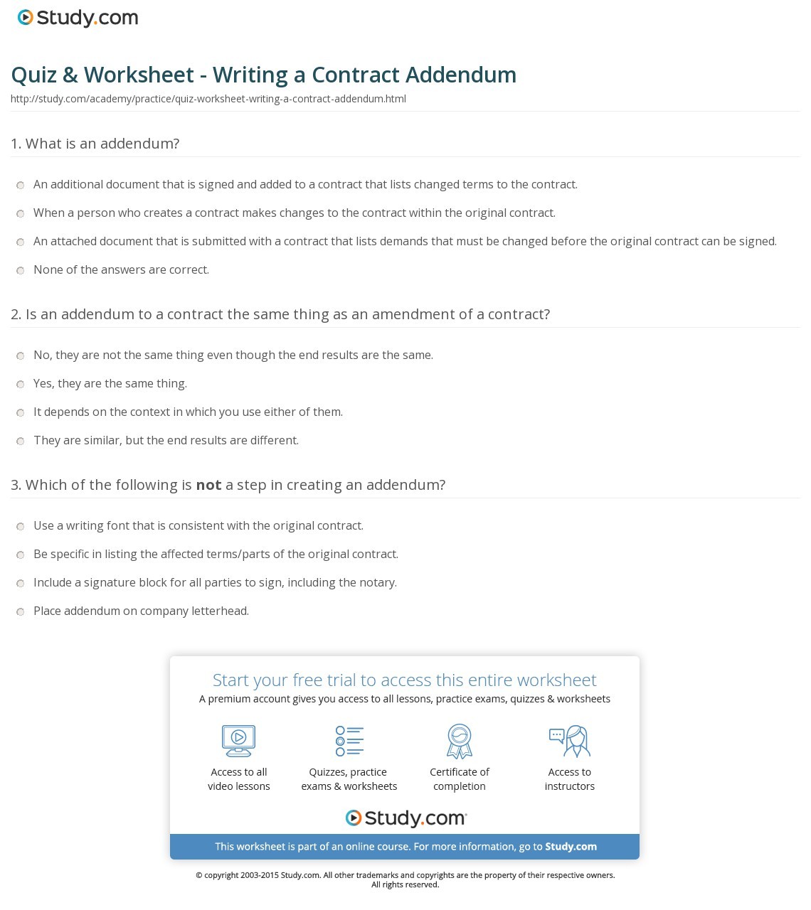 Quiz Worksheet Writing A Contract Addendum Study Com Document How To Write