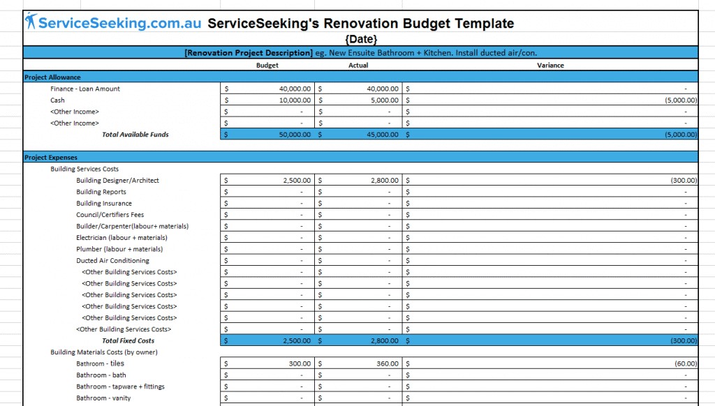 Renovation Budget Template ServiceSeeking Blog Document Planner