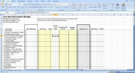Renovation Construction Budget Spreadsheet Implementing Renovations