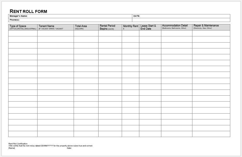 Rent Roll Form Templates For MS Word Excel Document