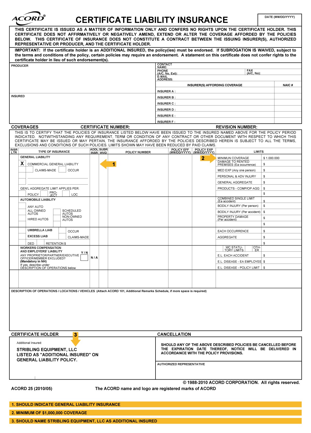 Rental Insurance Guide Stribling Equipment LLC Document Accord Certificate