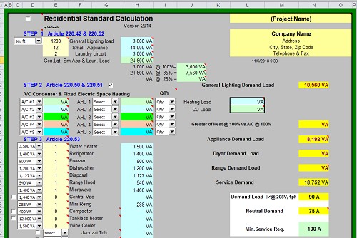 Residential Electrical Load Requirements Calculations Spreadsheet Document Calculation
