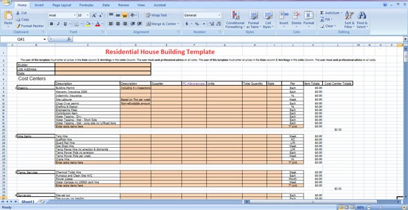 Residential House Building Template Construction Draw Document Cost Breakdown Excel