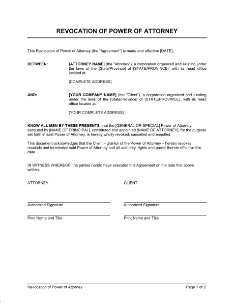 Revocation Of Power Attorney Template Sample Form Biztree Com Document Notice