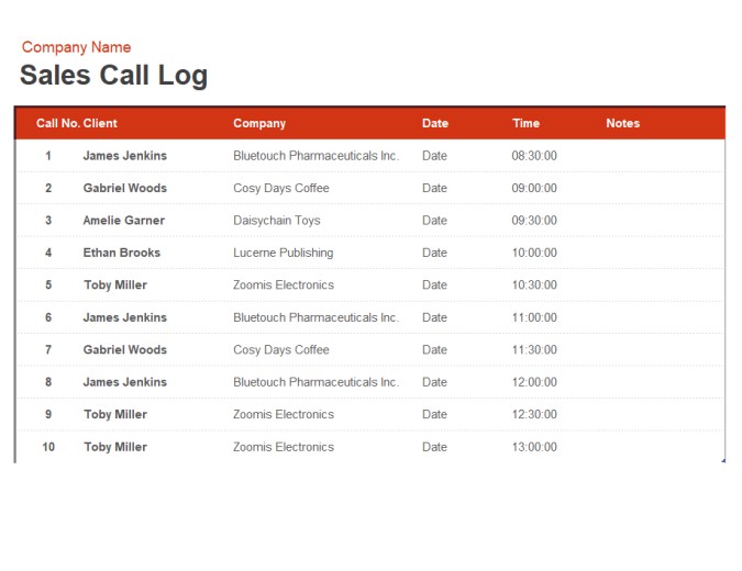 Sales Call Log And Organiser Document Tracking Calls Spreadsheet