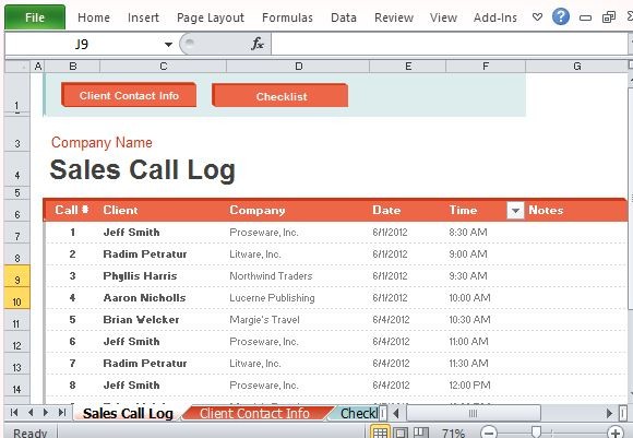 Sales Call Log Organizer For Excel Document Calls Tracking Template